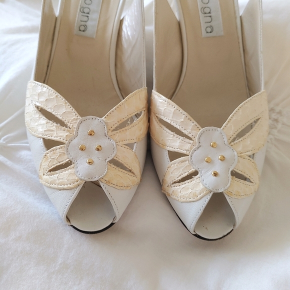 Bologna vintage ivory & cream peep toe sling back kitten heels sz 38 - Picture 2 of 3